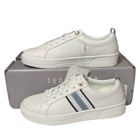 Ted Baker Shoes - Ted Baker White Sneakers with Blue Stripes